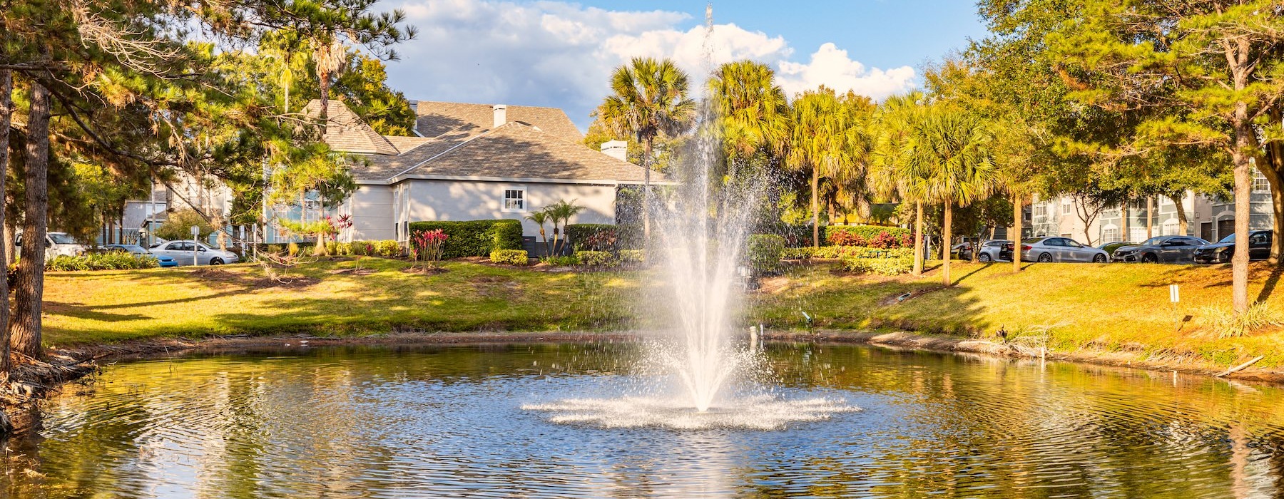 a fountain in a pond